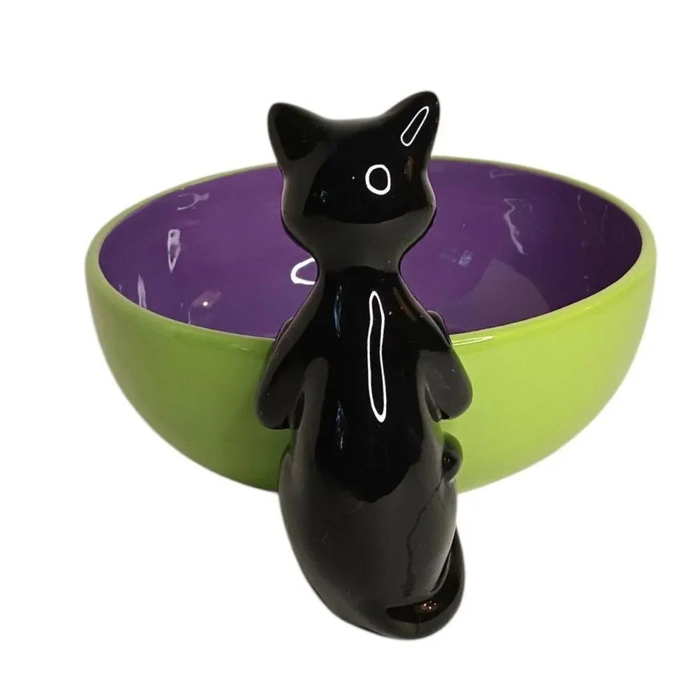 Halloween Black Cat Purple & Green Ceramic Candy Bowl By Harry & David VTG 2005